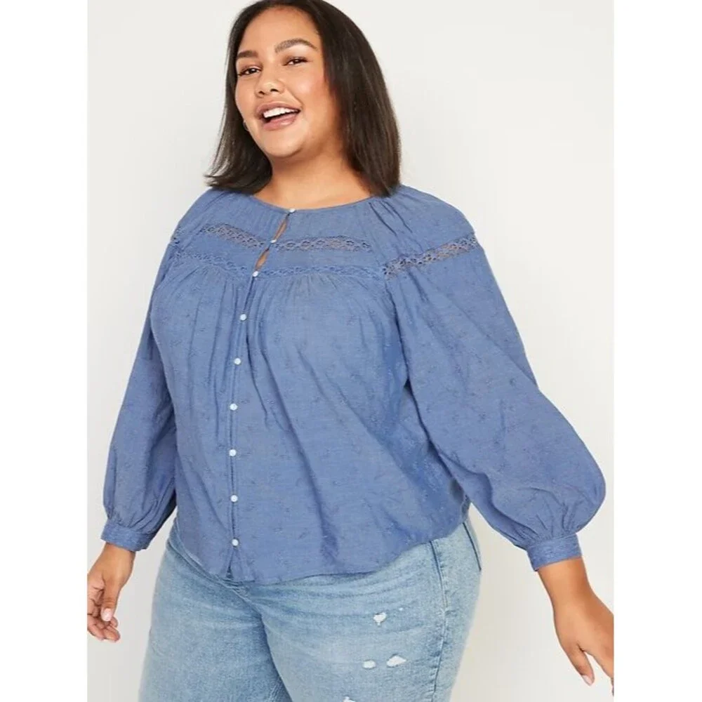 Old Navy womens embroidered chambray button up top Size 4X blue long puff sleeve